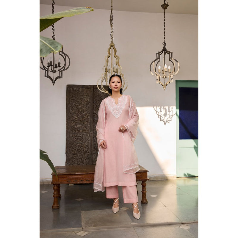MEESA Pink Embroidered Organza Kurta with Pant and Dupatta (Set of 3)
