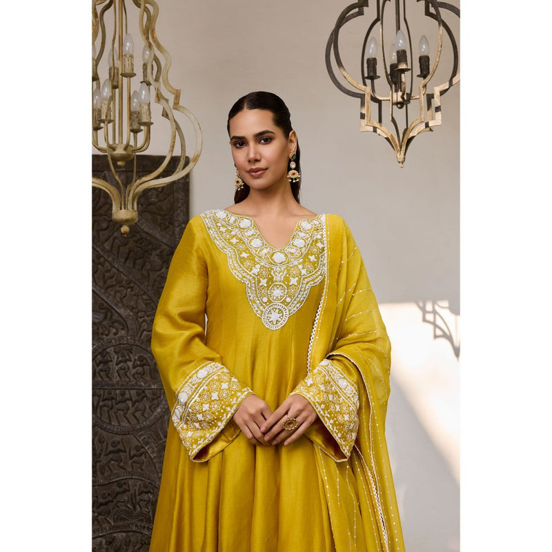 MEESA Mustard Embroidered Chanderi Silk Anarkali with Pant and Dupatta (Set of 3)