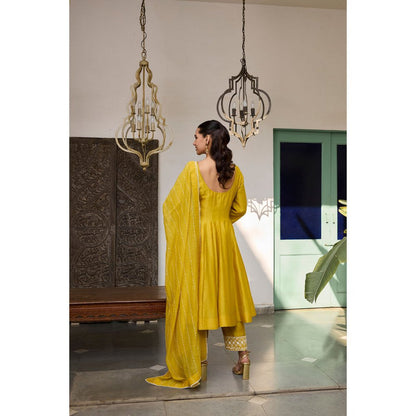 MEESA Mustard Embroidered Chanderi Silk Anarkali with Pant and Dupatta (Set of 3)