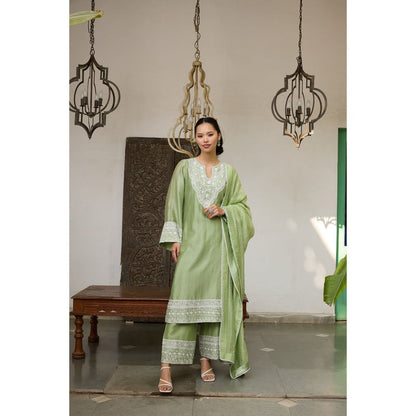 MEESA Green Embroidered Chanderi Silk Kurta with Palazzo and Dupatta (Set of 3)