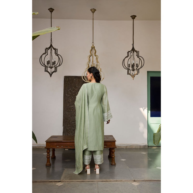 MEESA Green Embroidered Chanderi Silk Kurta with Palazzo and Dupatta (Set of 3)