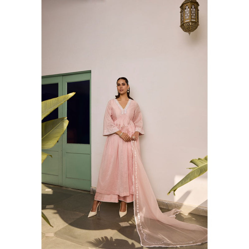 MEESA Pink Embroidered Organza Kurta with Palazzo and Dupatta (Set of 3)