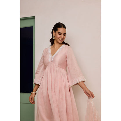 MEESA Pink Embroidered Organza Kurta with Palazzo and Dupatta (Set of 3)