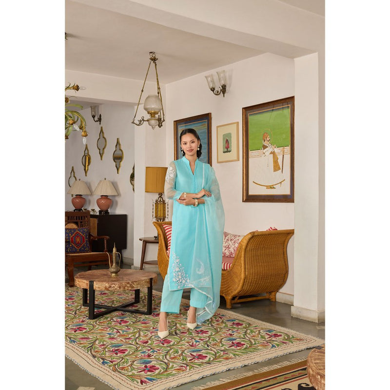 MEESA Blue Hand Embroidered Organza Kurta and Pant with Dupatta (Set of 3)