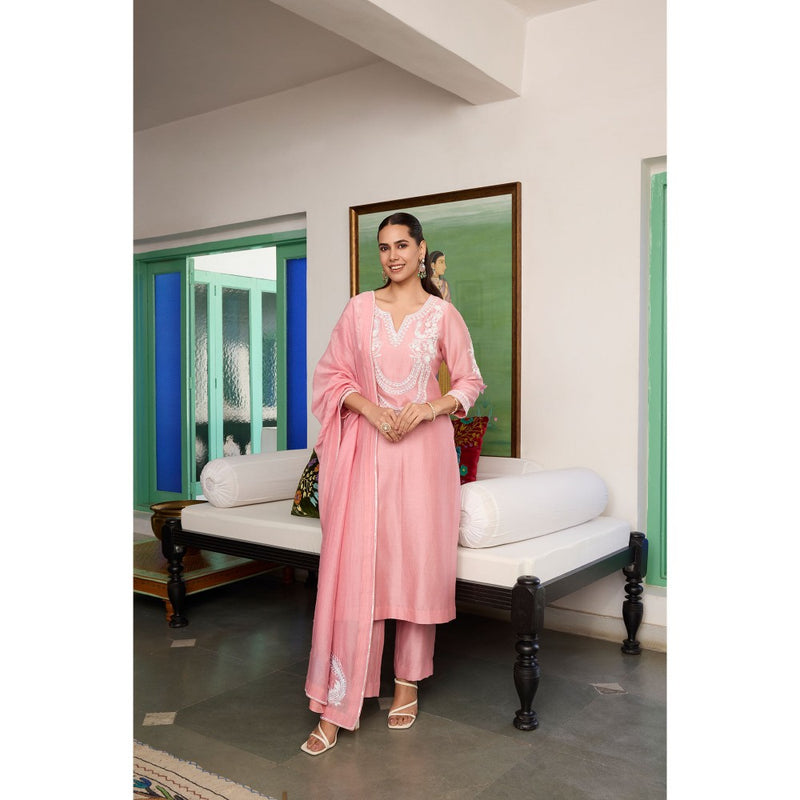 MEESA Pink Embroidered Chanderi Silk Kurta with Pant and Dupatta (Set of 3)