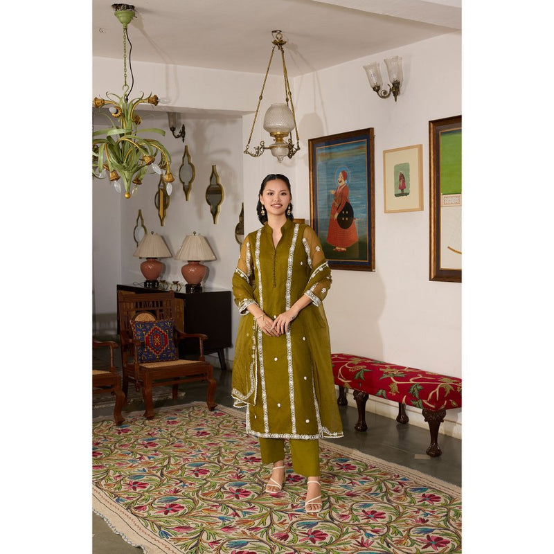 MEESA Olive Embroidered Organza Kurta with Pant and Dupatta (Set of 3)