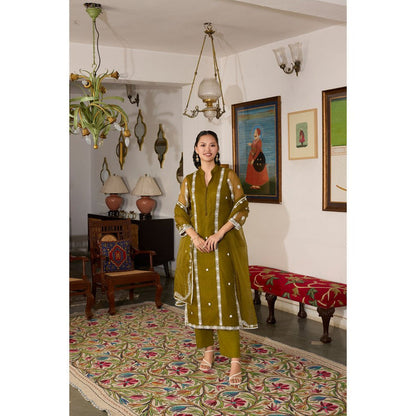 MEESA Olive Embroidered Organza Kurta with Pant and Dupatta (Set of 3)