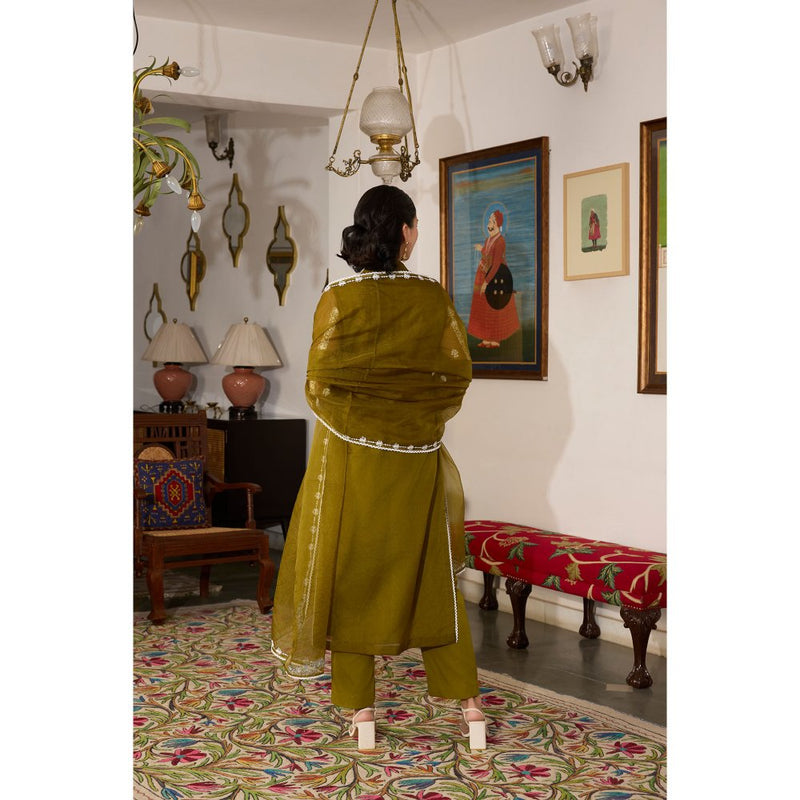 MEESA Olive Embroidered Organza Kurta with Pant and Dupatta (Set of 3)