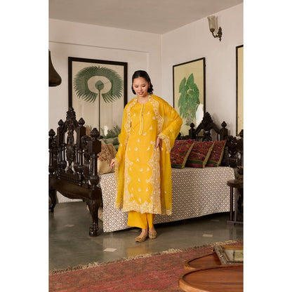 MEESA Yellow Embroidered Organza Kurta with Palazzo and Dupatta (Set of 3)