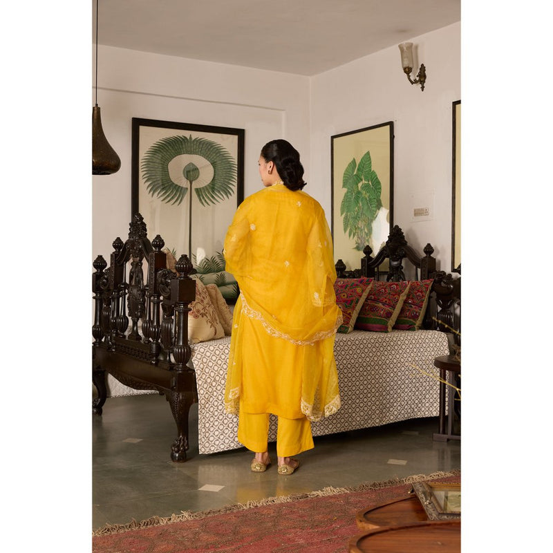 MEESA Yellow Embroidered Organza Kurta with Palazzo and Dupatta (Set of 3)