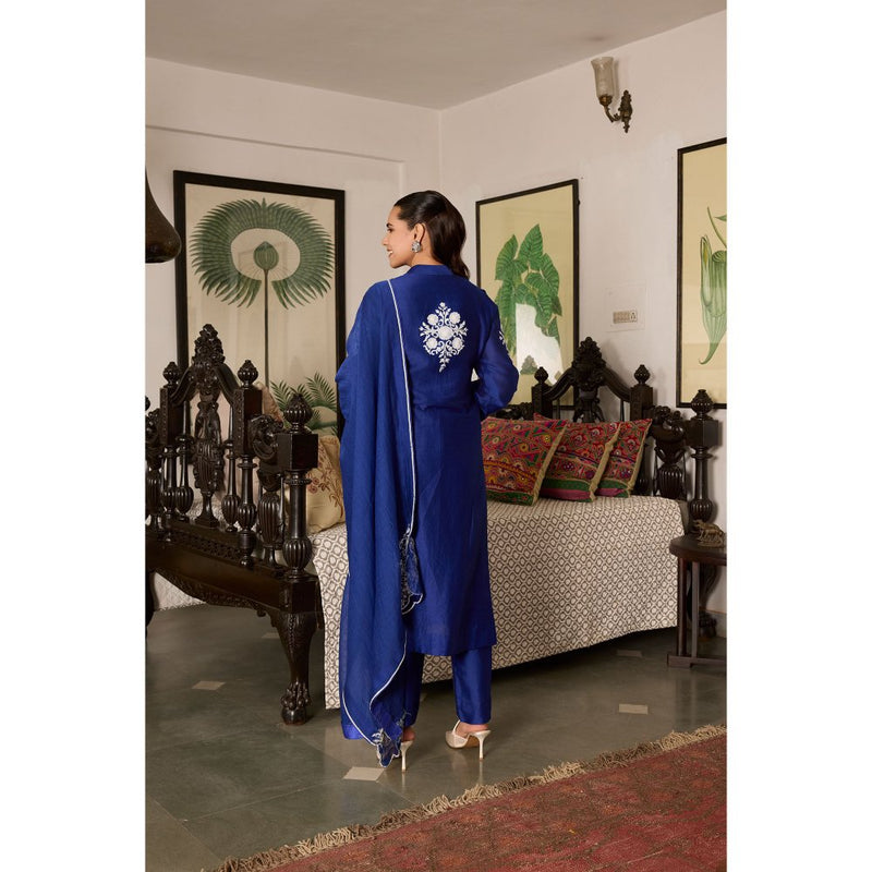 MEESA Blue Embroidered Chanderi Silk Kurta with Pant and Dupatta (Set of 3)