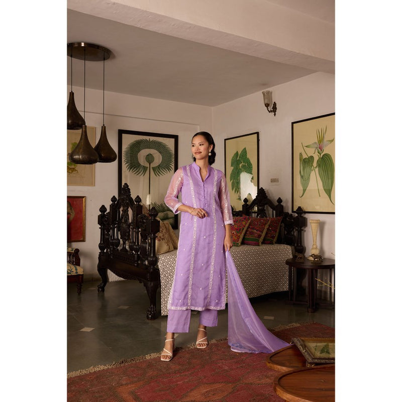 MEESA Lavender Embroidered Organza Kurta and Pant with Dupatta (Set of 3)