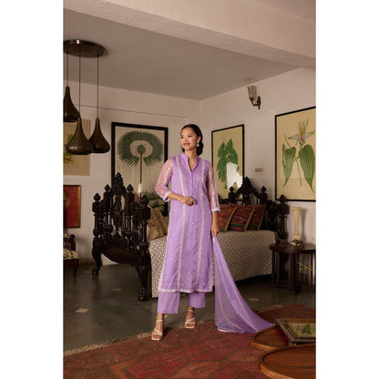 MEESA Lavender Embroidered Organza Kurta and Pant with Dupatta (Set of 3)