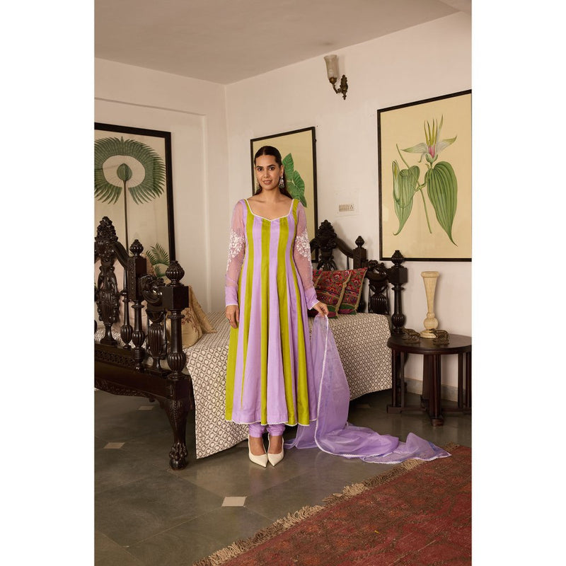 MEESA Embroidered Organza Anarkali with Churidar and Dupatta (Set of 3)