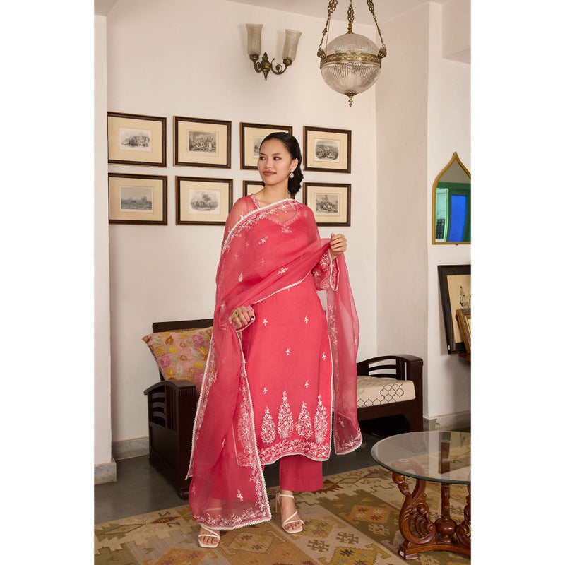 MEESA Pink Embroidered Organza Kurta and Pant with Dupatta (Set of 3)