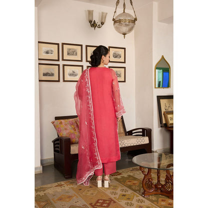 MEESA Pink Embroidered Organza Kurta and Pant with Dupatta (Set of 3)