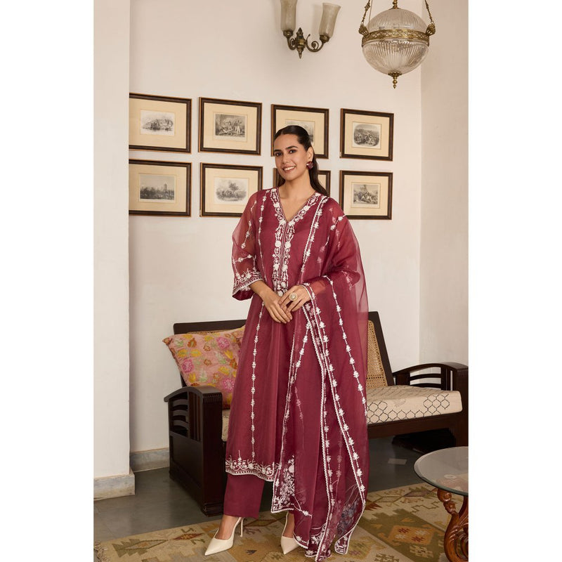 MEESA Embroidered Organza Kurta with Pant and Dupatta (Set of 3)