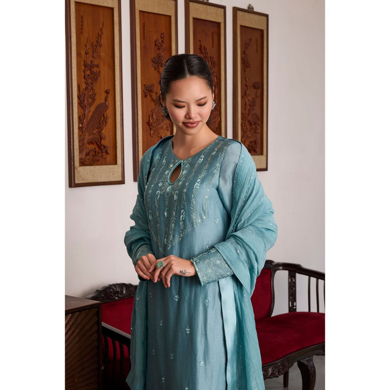MEESA Blue Embroidered Chanderi Silk Kurta with Churidar and Dupatta (Set of 3)