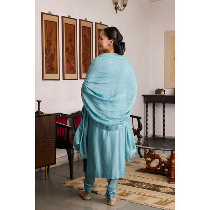 MEESA Blue Embroidered Chanderi Silk Kurta with Churidar and Dupatta (Set of 3)