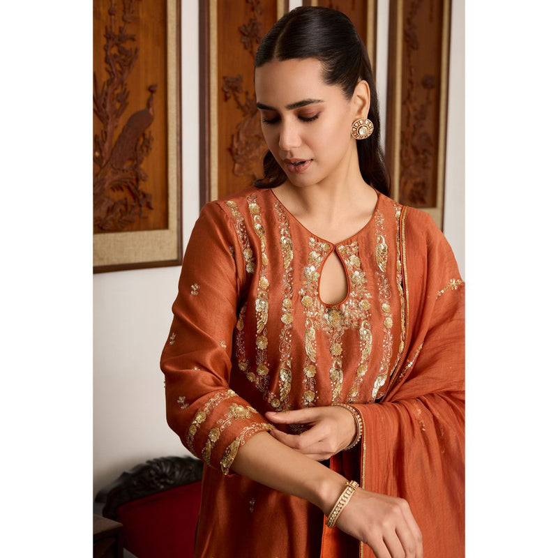 MEESA Rust Embroidered Chanderi Silk Kurta with Pant and Dupatta (Set of 3)