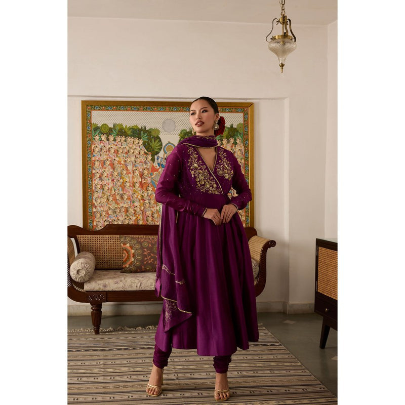 MEESA Purple Embroidered Chanderi Silk Angarkha with Churidar and Dupatta (Set of 3)