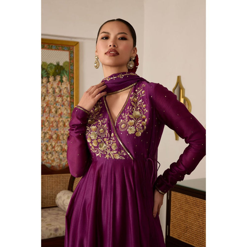 MEESA Purple Embroidered Chanderi Silk Angarkha with Churidar and Dupatta (Set of 3)