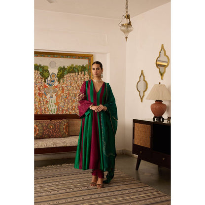 MEESA Embroidered Chanderi Silk Anarkali with Churidar and Dupatta (Set of 3)