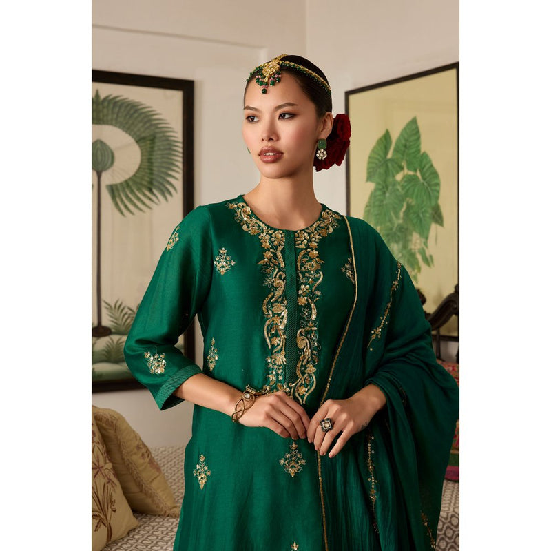 MEESA Green Embroidered Chanderi Silk Kurta with Salwar and Dupatta (Set of 3)