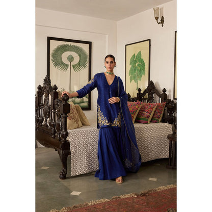 MEESA Blue Embroidered Chanderi Silk Kurta with Sharara and Dupatta (Set of 3)