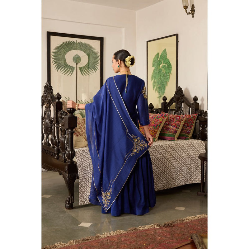 MEESA Blue Embroidered Chanderi Silk Kurta with Sharara and Dupatta (Set of 3)