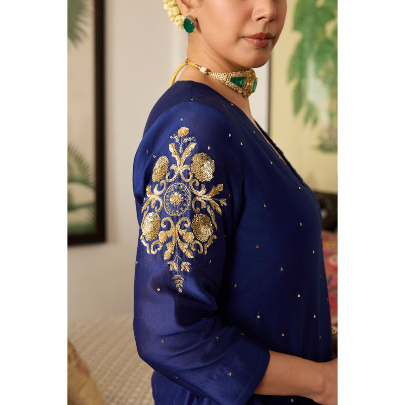 MEESA Blue Embroidered Chanderi Silk Kurta with Sharara and Dupatta (Set of 3)