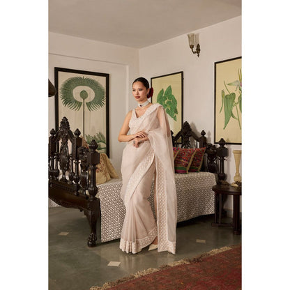 MEESA Rose Pink Embroidered Organza Saree with Stitched Blouse