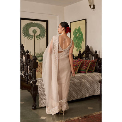 MEESA Rose Pink Embroidered Organza Saree with Stitched Blouse