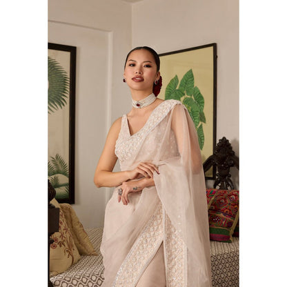 MEESA Rose Pink Embroidered Organza Saree with Stitched Blouse