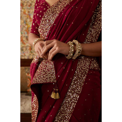 MEESA Maroon Embroidered Crepe Saree with Stitched Blouse