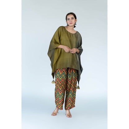 Meghna Panchmatia Olive Ombre Kaftan Top with Zigzag Pants (Set of 2)