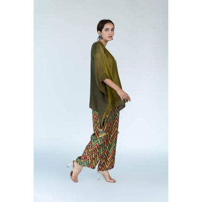 Meghna Panchmatia Olive Ombre Kaftan Top with Zigzag Pants (Set of 2)