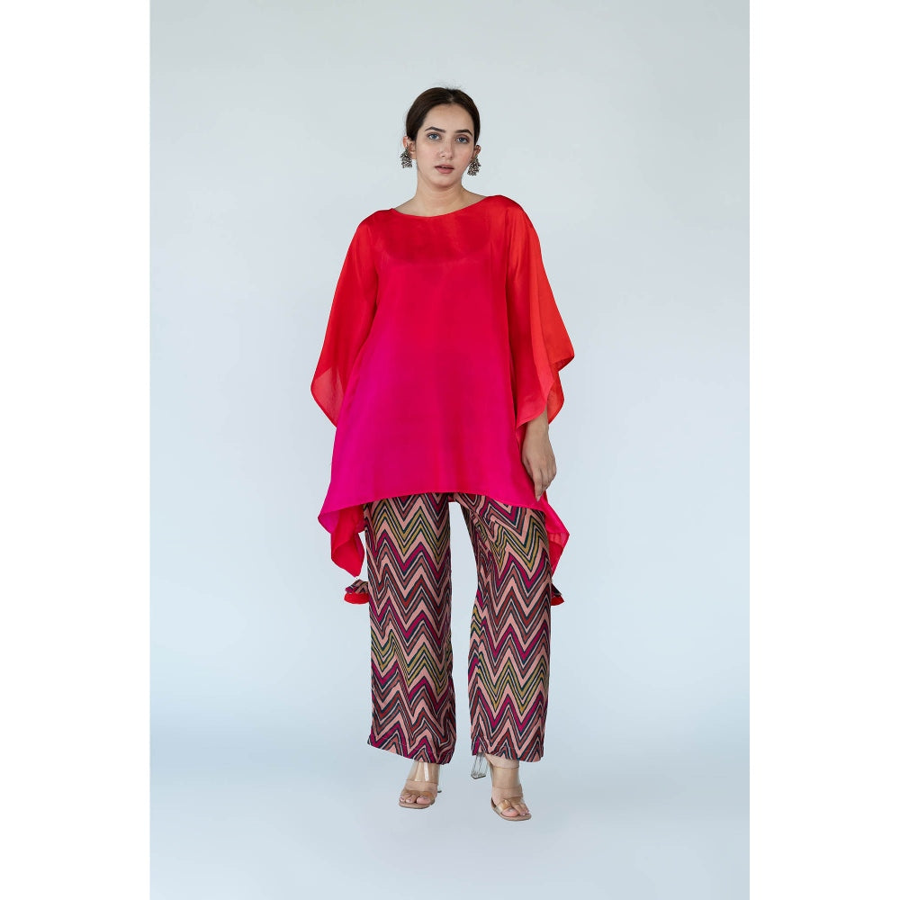 Meghna Panchmatia Fuschia Red Ombre Kaftan Top with Zigzag Pants (Set of 2)