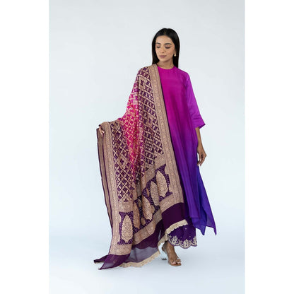 Meghna Panchmatia Burgundy Ombre Kurta with Bandhej Dupatta (Set of 2)
