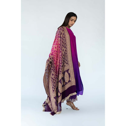 Meghna Panchmatia Burgundy Ombre Kurta with Bandhej Dupatta (Set of 2)