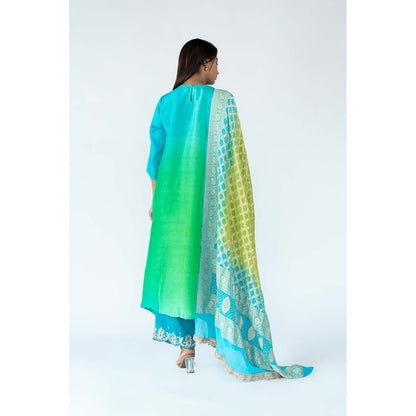 Meghna Panchmatia Green Peacock Ombre Kurta with Bandhej Dupatta (Set of 2)