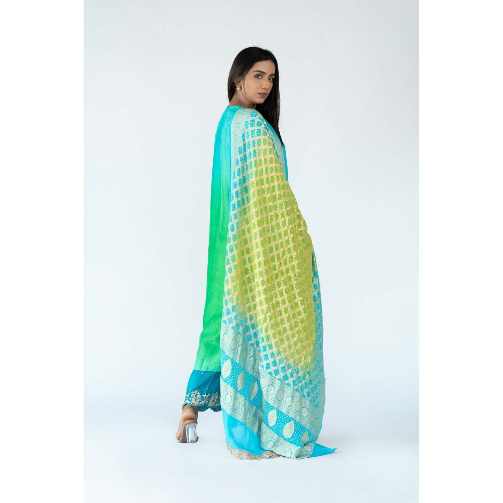 Meghna Panchmatia Green Peacock Ombre Kurta with Bandhej Dupatta (Set of 2)