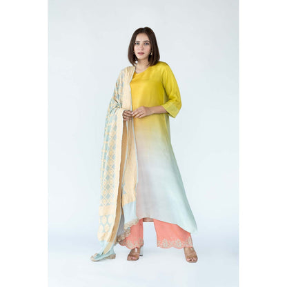Meghna Panchmatia Yellow Ombre Kurta with Bandhej Dupatta (Set of 2)