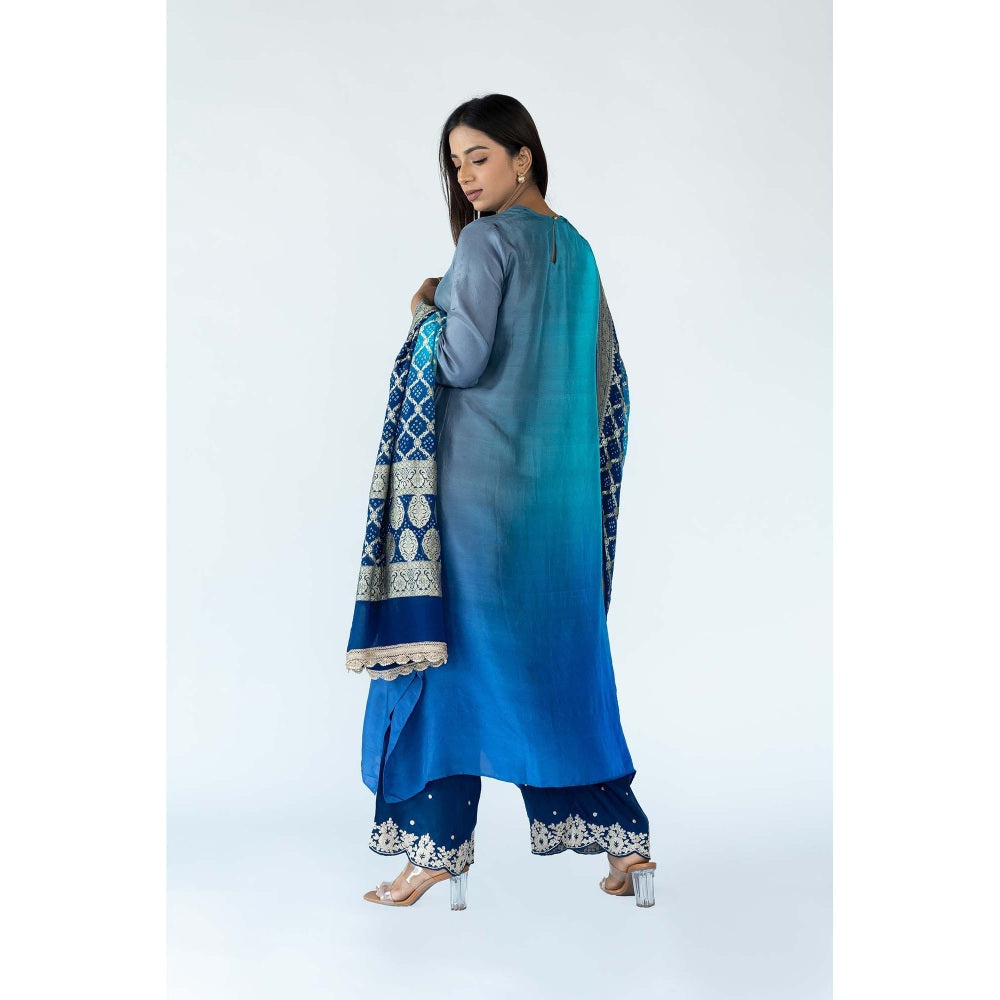 Meghna Panchmatia Blue Ombre Kurta with Bandhej Dupatta (Set of 2)