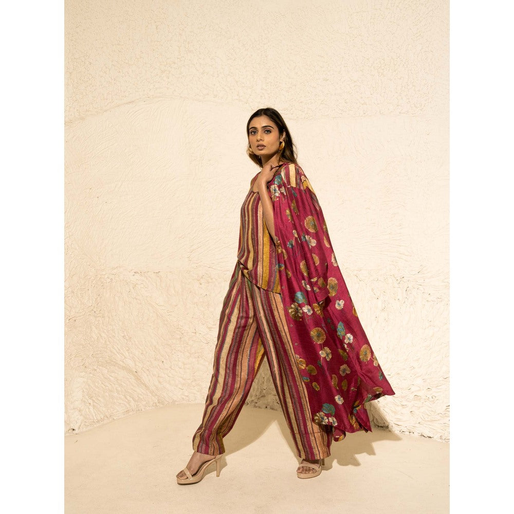 Meghna Panchmatia Pink Floral Art Jacket with Top and Pant (Set of 3)