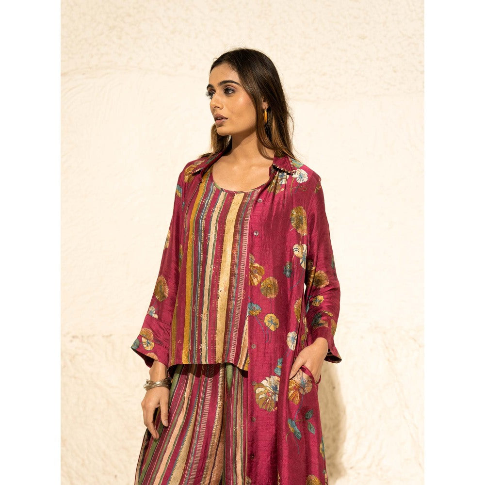 Meghna Panchmatia Pink Floral Art Jacket with Top and Pant (Set of 3)