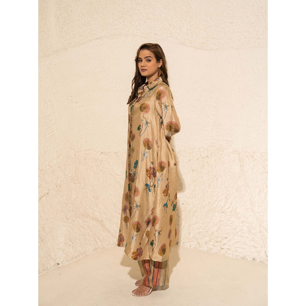 Meghna Panchmatia Beige Floral Art Jacket with Top and Pant (Set of 3)