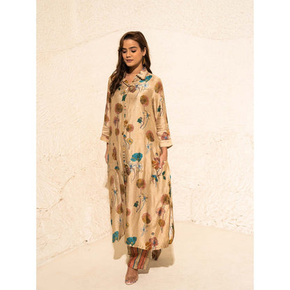 Meghna Panchmatia Beige Floral Art Jacket with Top and Pant (Set of 3)