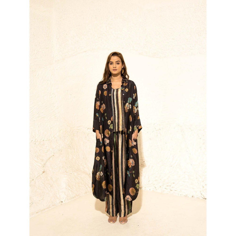 Meghna Panchmatia Black Floral Art Jacket with Top and Pant (Set of 3)