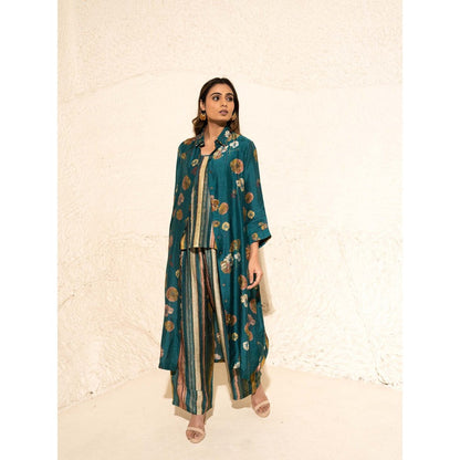 Meghna Panchmatia Green Floral Art Jacket with Top and Pant (Set of 3)